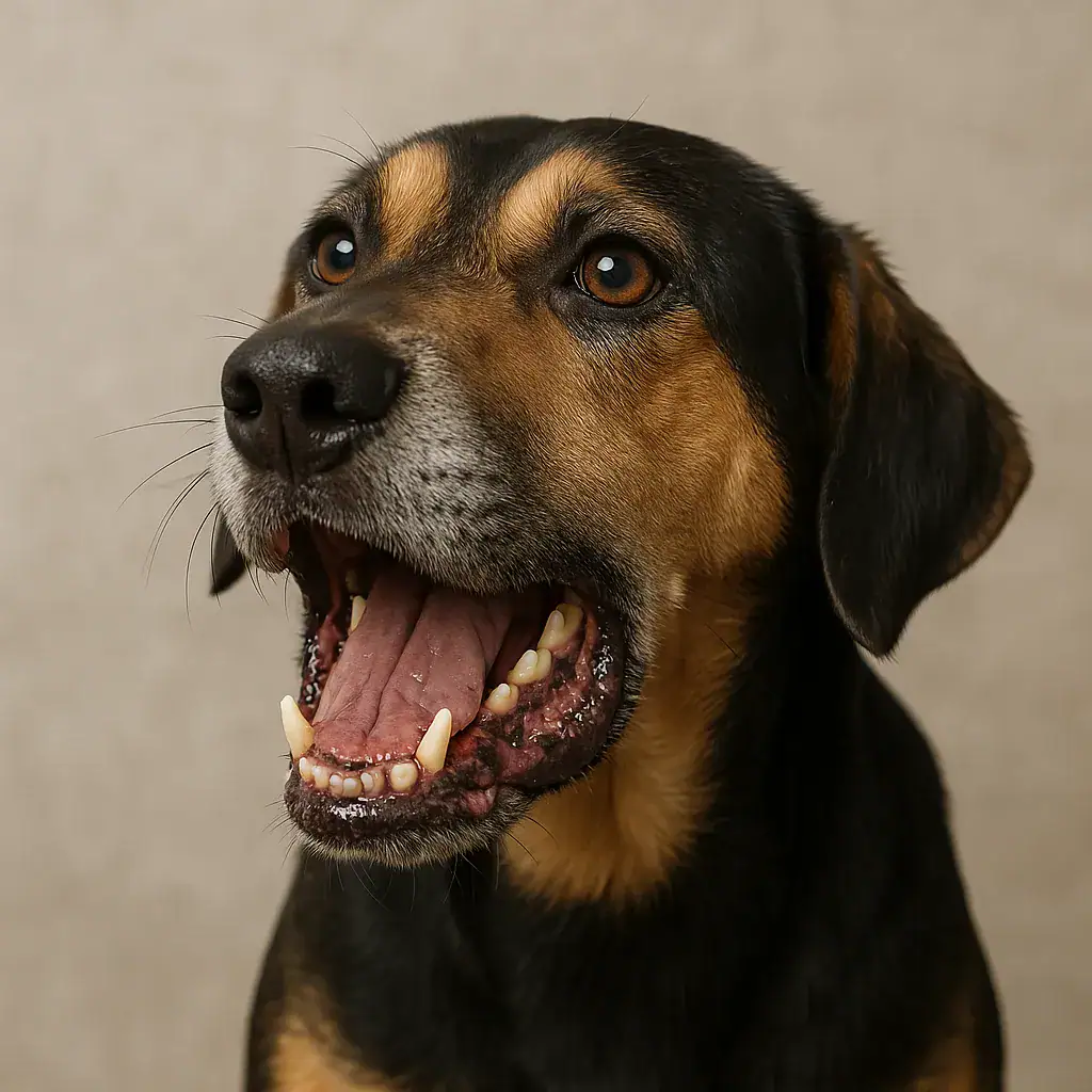 Hund mit geöffnetem Maul, gerötetes Zahnfleisch und Zahnbelag sind sichtbar.