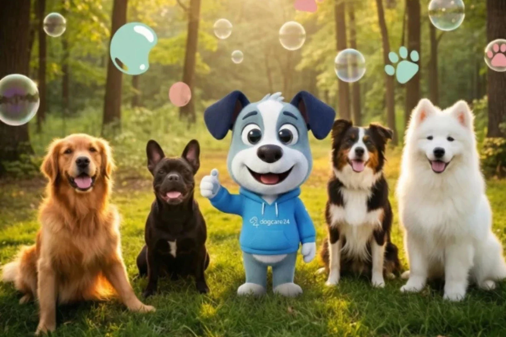 Dogcare24 Maskottchen Balu mit verschiedenen Hunderassen