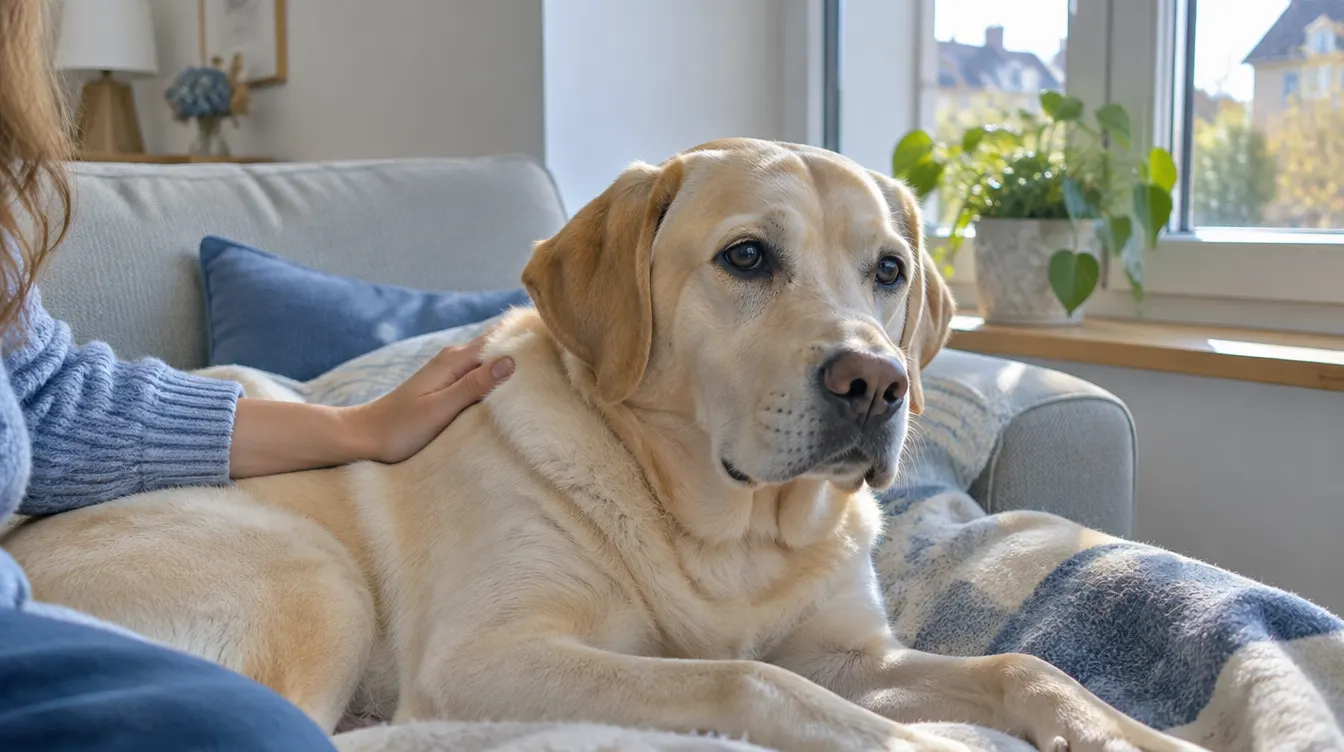 Aelterer heller Labrador liegt entspannt auf einem Sofa am Fenster, eine Hand streichelt ihn